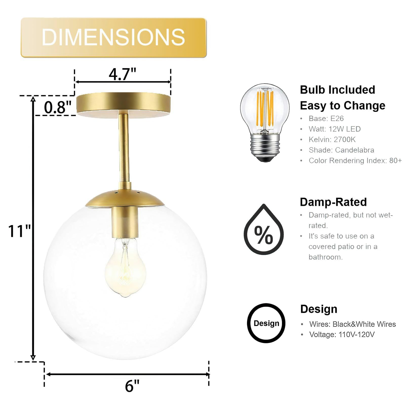 Koko&Yukina Mid Century Modern 1-Light Globe Ceiling Light, Clear Glass & Gold Brass Finish