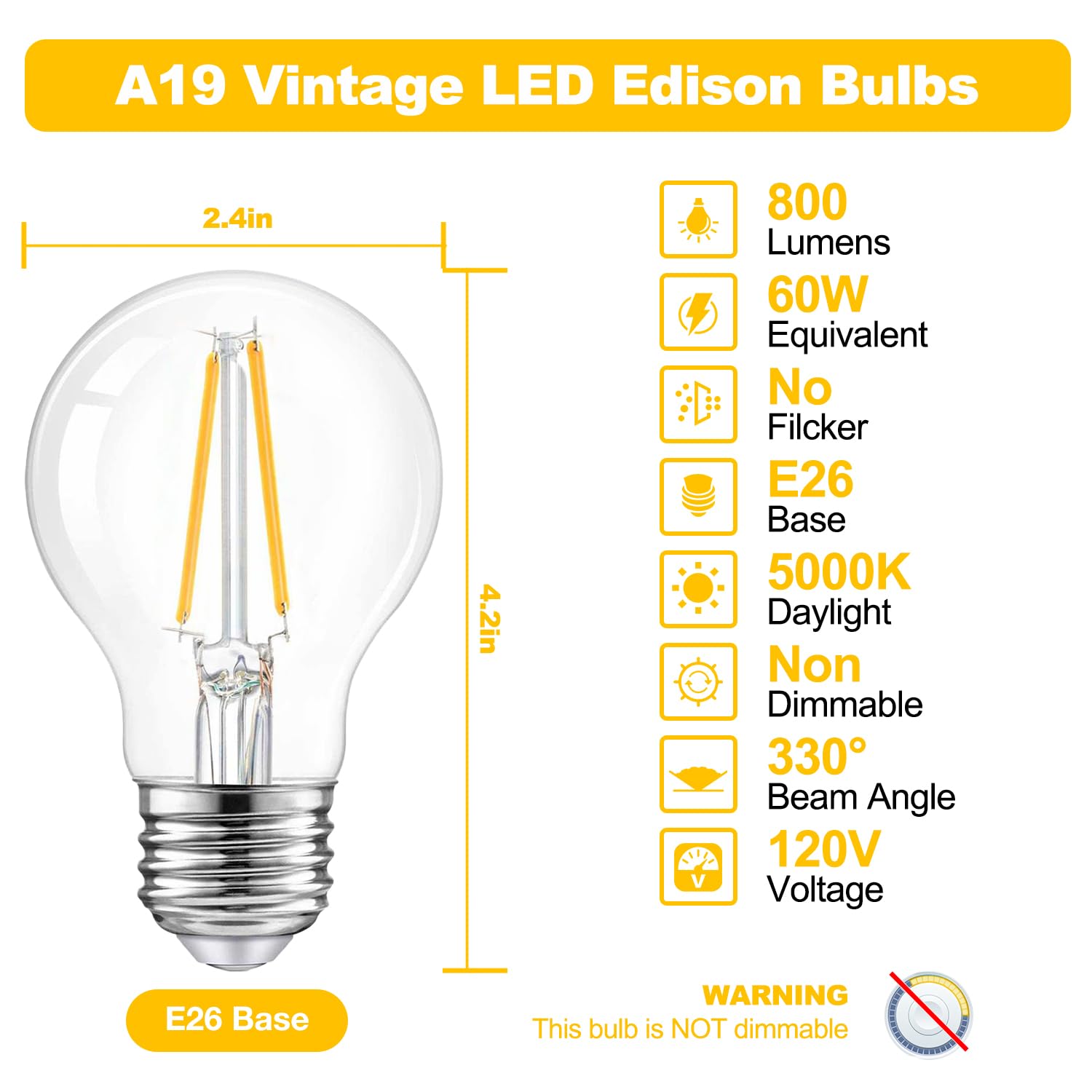 Dalattin A19 Vintage Led Edison Bulbs, 60W Equivalent Light Bulbs, 2700K Soft White, Clear Glass Filament Bulb, Efficient 8W, E2