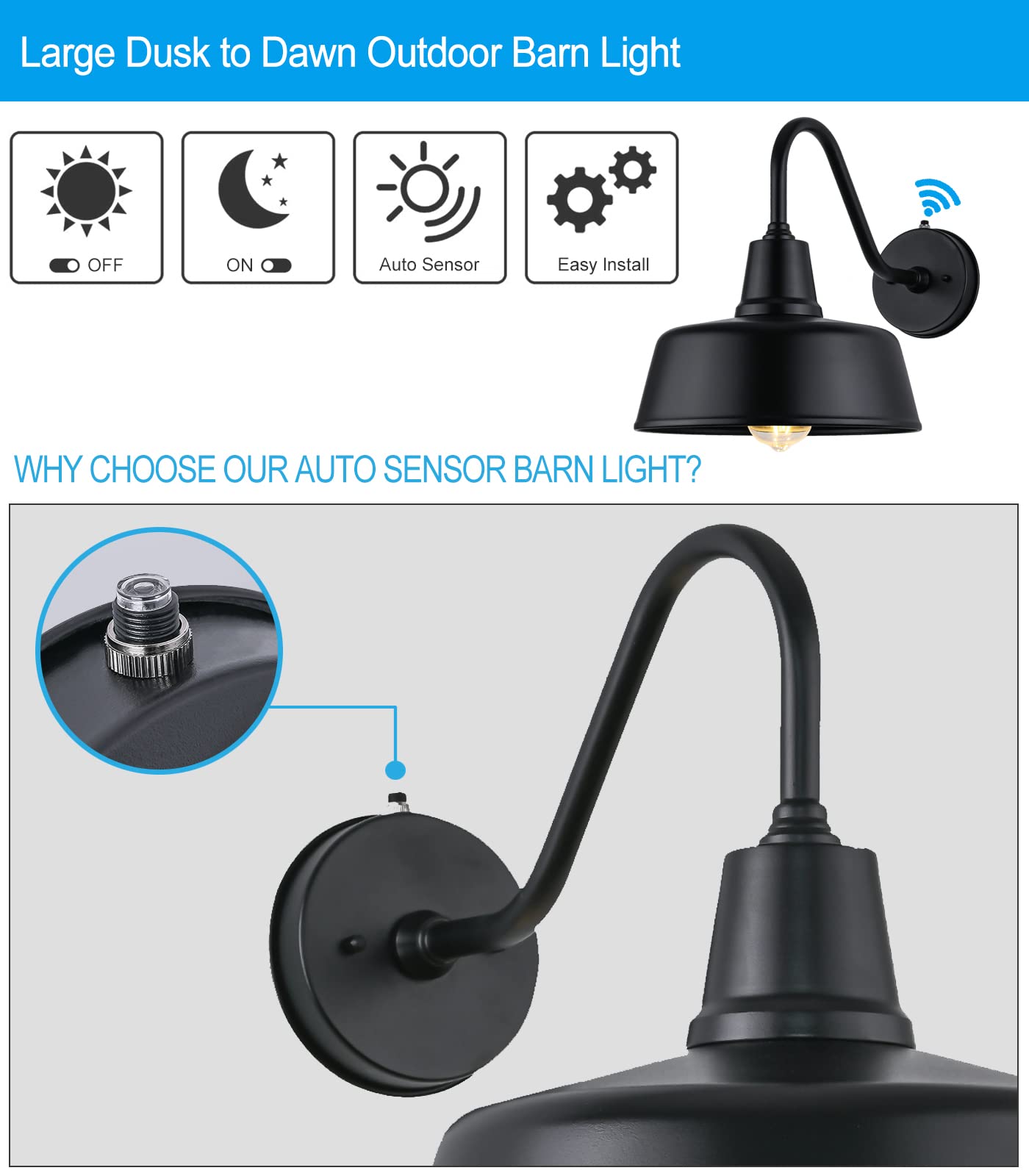 Joesa Dusk To Dawn Outdoor Farmhouse Barn Light, Waterproof, Rust Resistant Black Gooseneck Light For House Porch Garage…