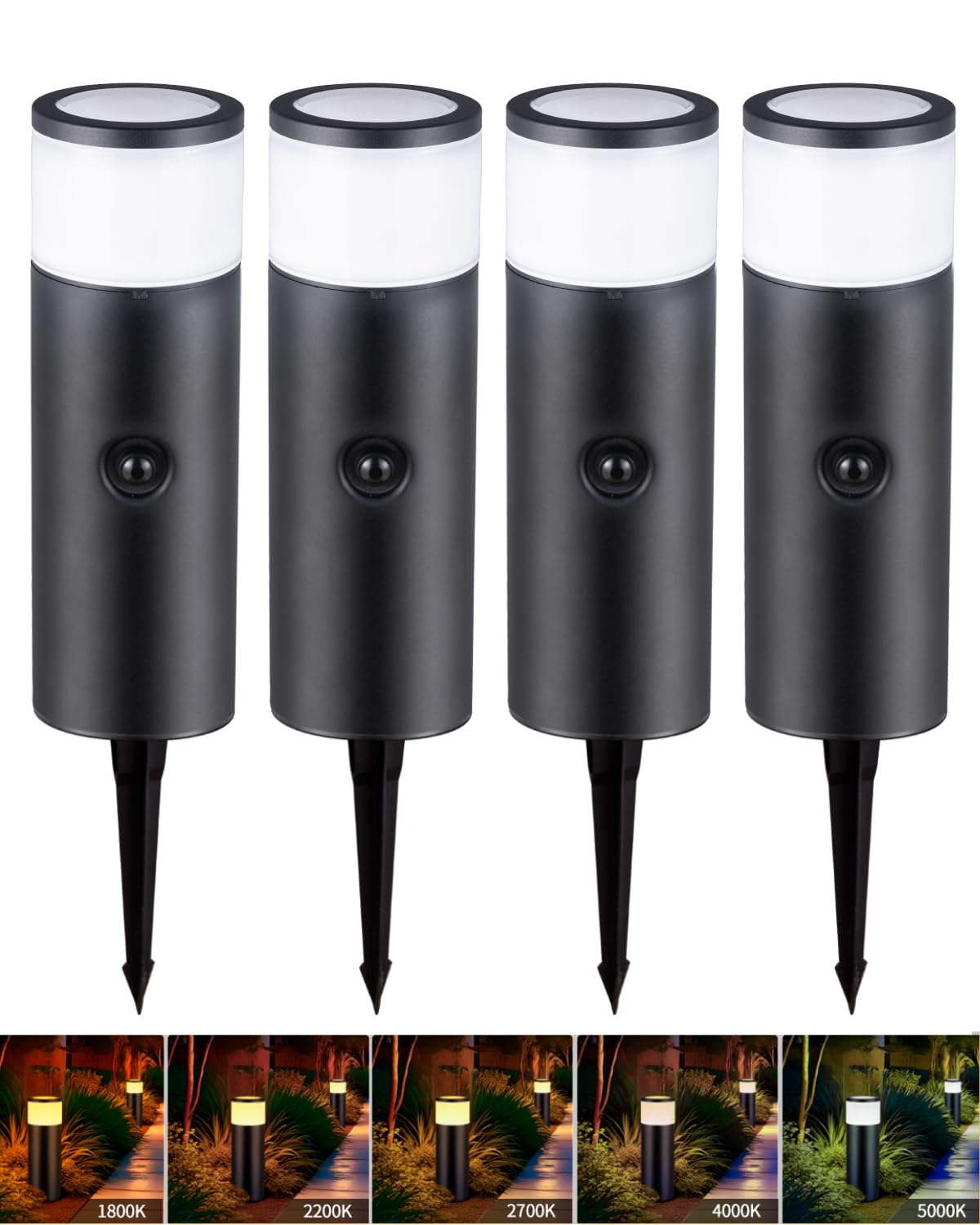 5CCT Low Voltage Bollard Pathway Lights  4.5W 320LM 12-24V AC/DC Aluminum Waterproof Outdoor Landscape Cylinder Path Light  Glass head 4FT Corded with IP65 Wire Nuts  4Pack 1800/2200/2700/4000/5000K
