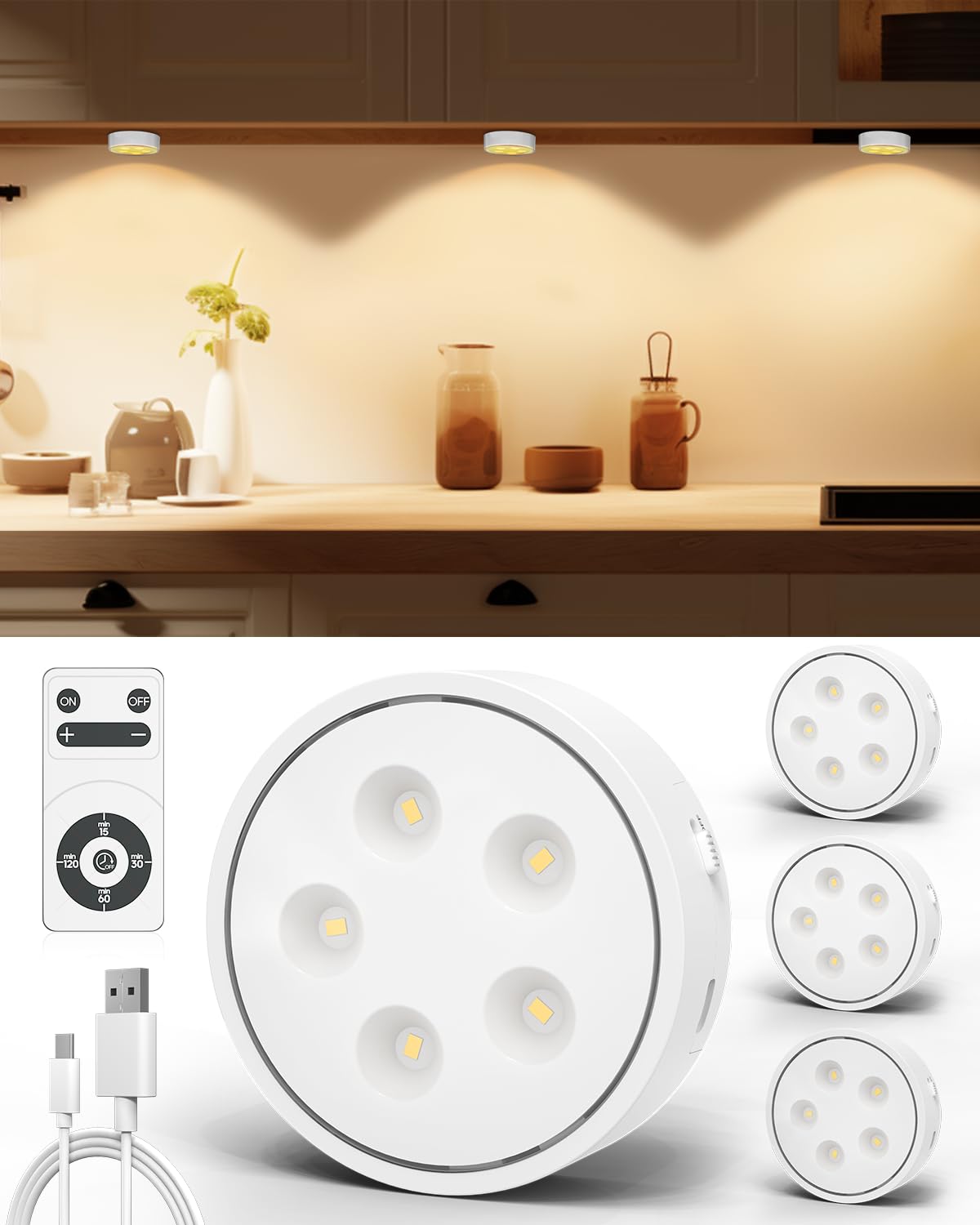 GOODEA.fun Puck Lights with Remote Control, Rechargeable Operated Battery Under Cabinet Lights Wireless,Dimming LED Closet Lights,Magnetic Stick On Push Lights-4 Pack