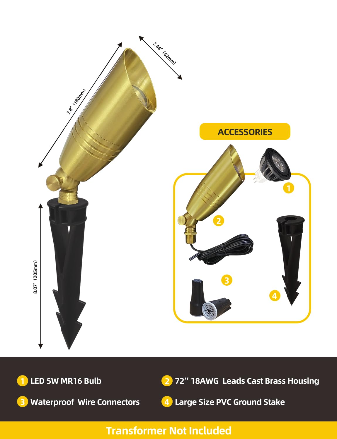 Coloer Die-Cast Brass Landscape Spotlight 6-Pack With 5W Aluminum Housing Led Mr16 Bulb,12V Ac/Dc Low Voltage Copper Outdoor Lighting, Directional Garden Patio Spot Up Light (102B Brass Finish)