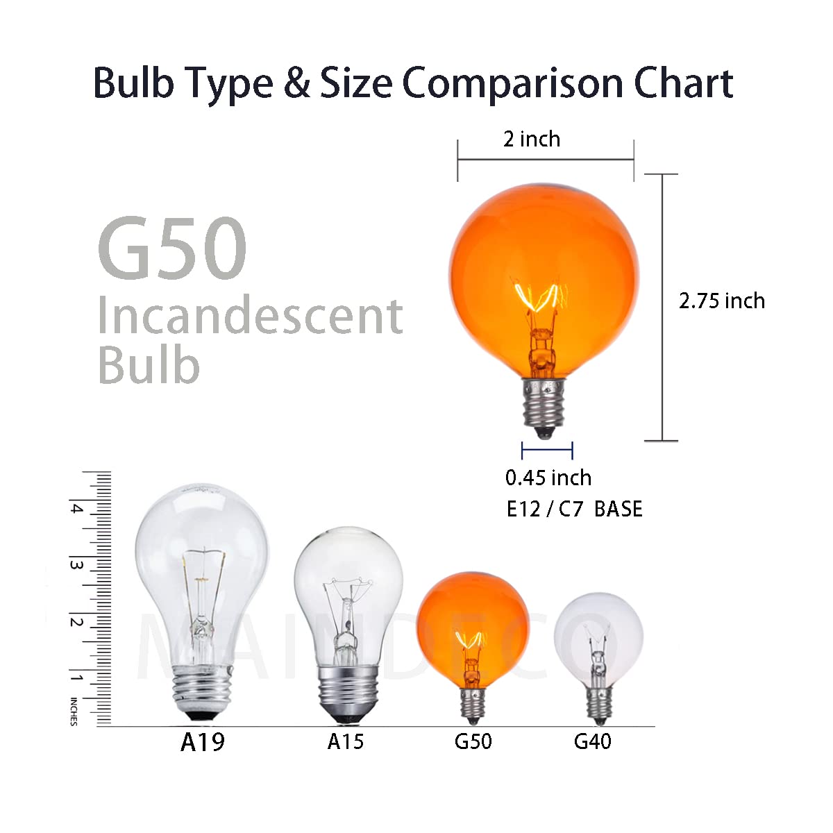 MAINDECO G50 Replacement Bulbs 25 Pack, 120V 7W Incandescent, E12 Base, Orange Glass for Indoor/Outdoor String Lights