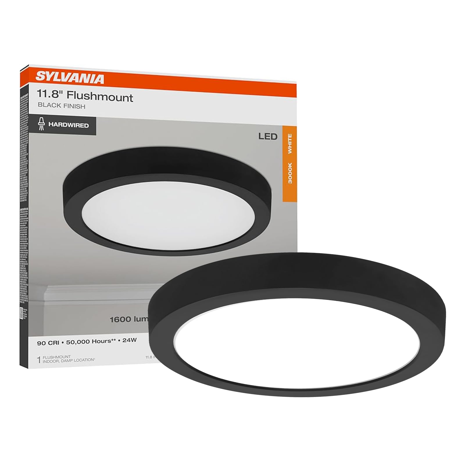 Sylvania 12 LED Flush Mount Ceiling Light Fixture, 24W, 1600 LMS, Hardwired, 3000K, Warm White, Black, LED Lights for Bedroom Ki