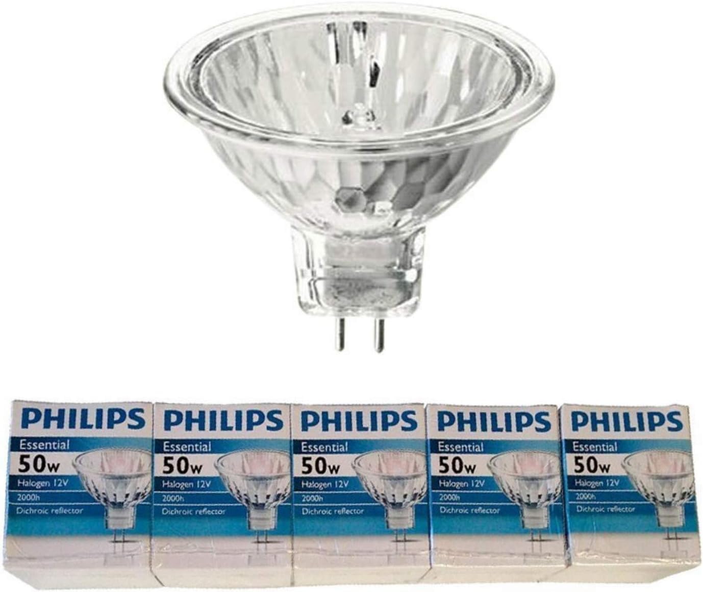 Philips Halogen Light Bulbs / Landscape Indoor Or Outdoor Flood / Dimmable 50W Mr16 12V 2 Pin 36 Angle Gu5.3 Base (Pack Of 5)