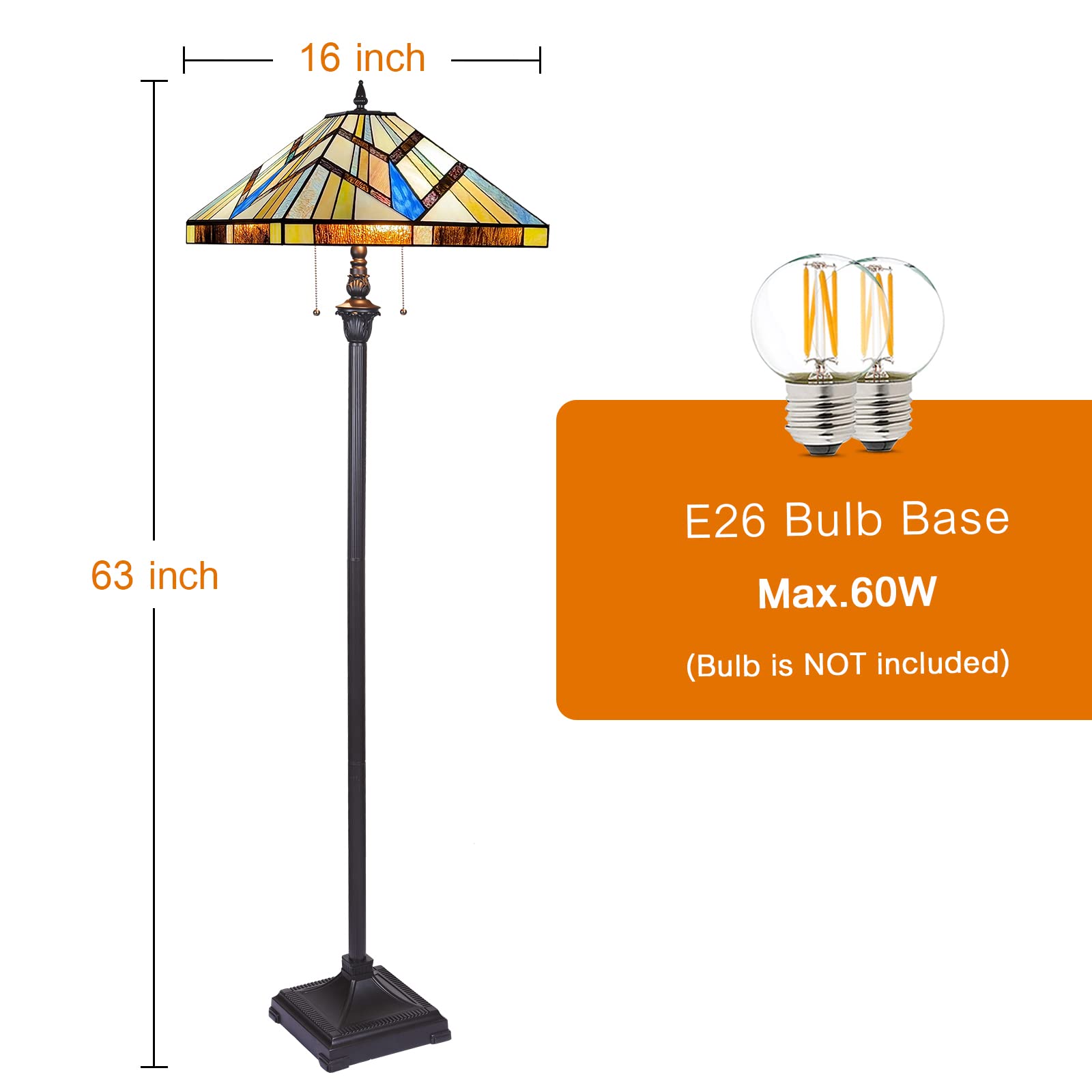 Capulina Tiffany Style Floor Lamp - 2-Light Stained Glass, 16x16x63 Inch, Cream Amber, Antique Mission Style for Living Room/Bedroom