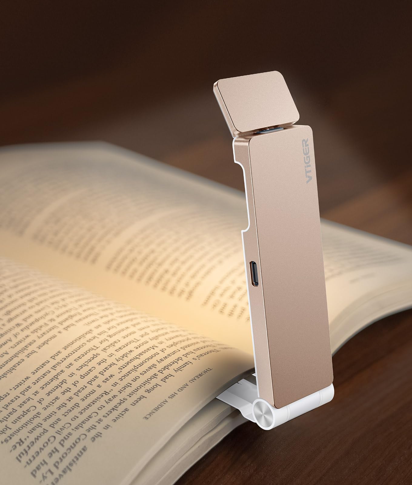 VTIGER USB Rechargeable Book Light, Foldable Clip-on LED, 3 Amber Colors, 4 Brightness Levels, Champagne Gold, Model B1