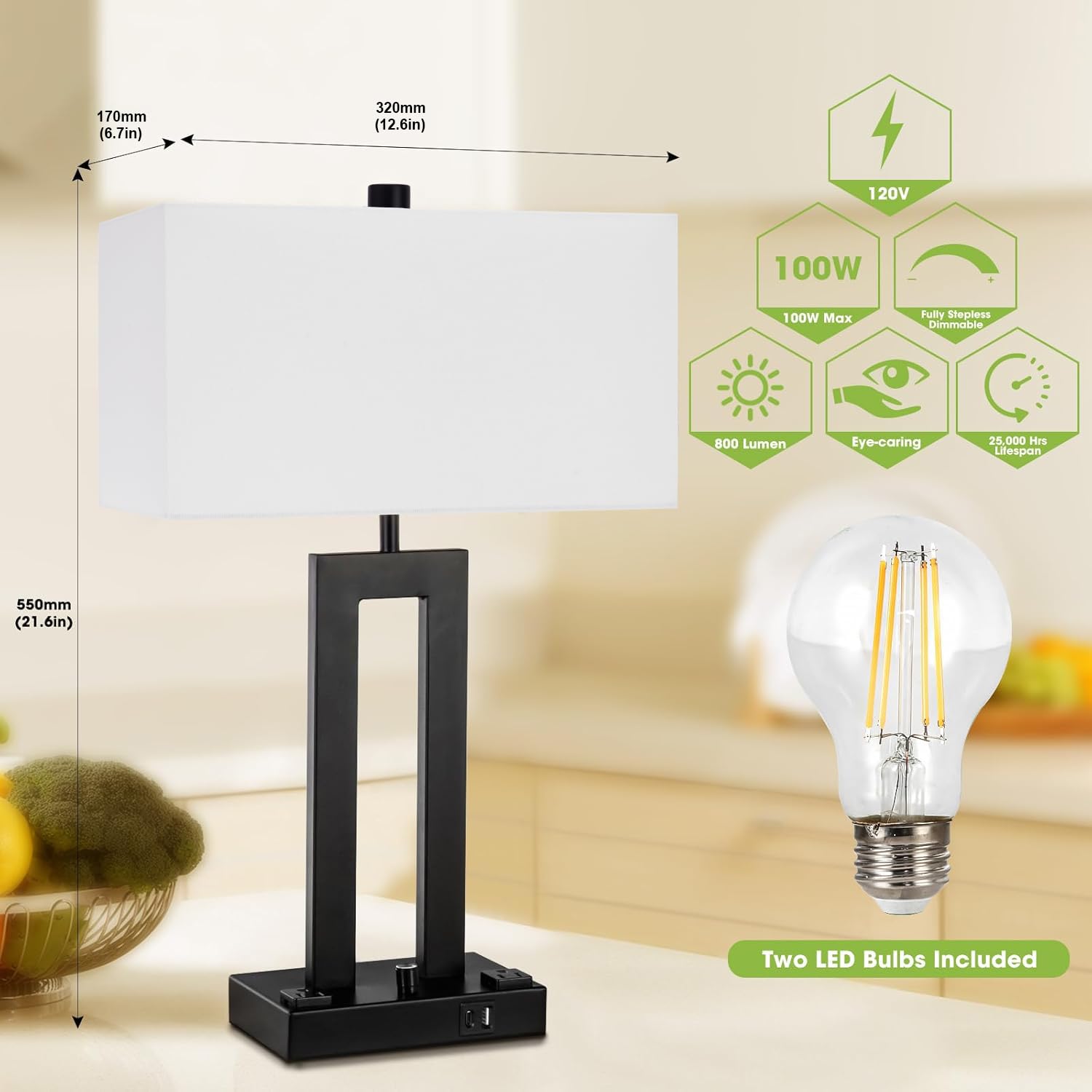 Vikdio Modern Table Lamps Set Of 2-22'' Tall Bedside Lamps With Usb-C/Usb-A Charge Ports & Outlet, Stepless Dimmable Fabric Gray