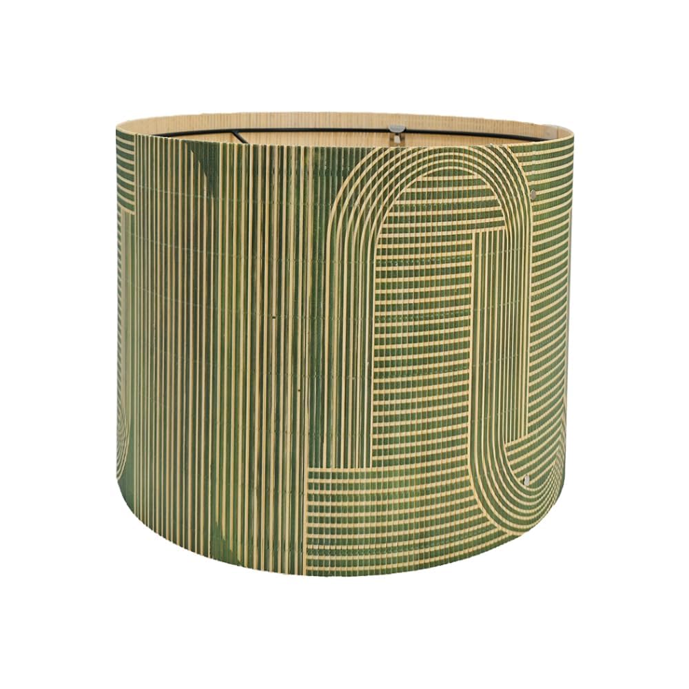 Rustic Bamboo Drum lamp Shade for table lamps and floor lamps with Decorative Geometric Green Figure, ideal for living room bedr