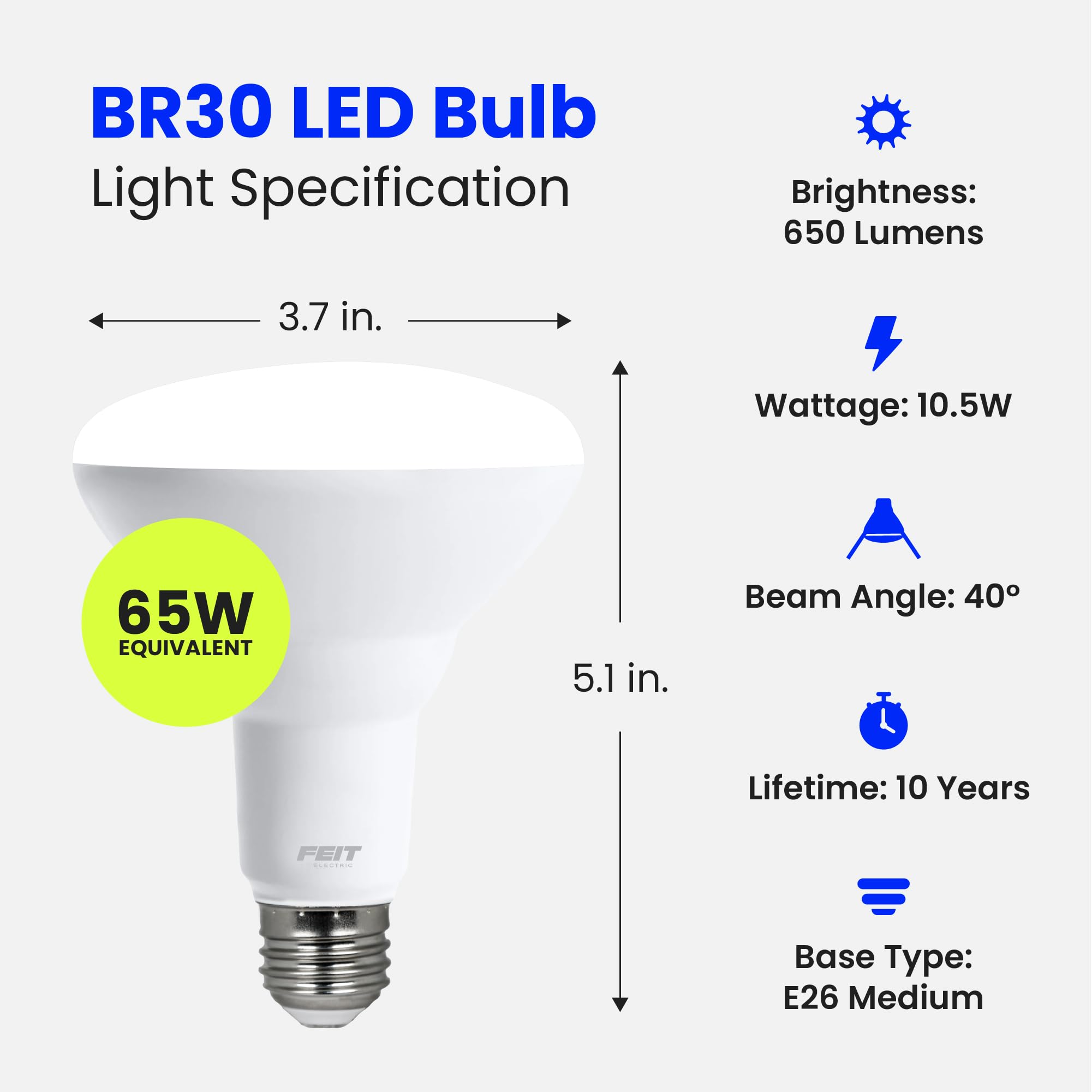 Feit Electric Br30 Led Light Bulbs, 65W Equivalent, Dimmable, E26 Standard Base, 80 Cri, 650 Lumens, 5000K Daylight, 120V, 10-Ye