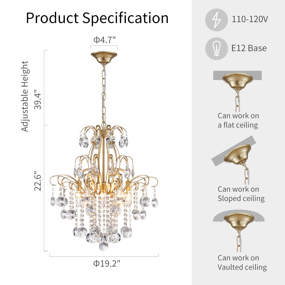 Wuzups 5-Light Crystal Chandelier Pendant Light, Modern Gold Fixture For Bedroom & Kitchen