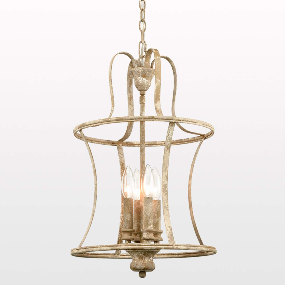 TEENYO French Country Lantern Chandelier 4-Light Distressed White Pendant Light Fixtures with Chain Modern Farmhouse Lantern Pen