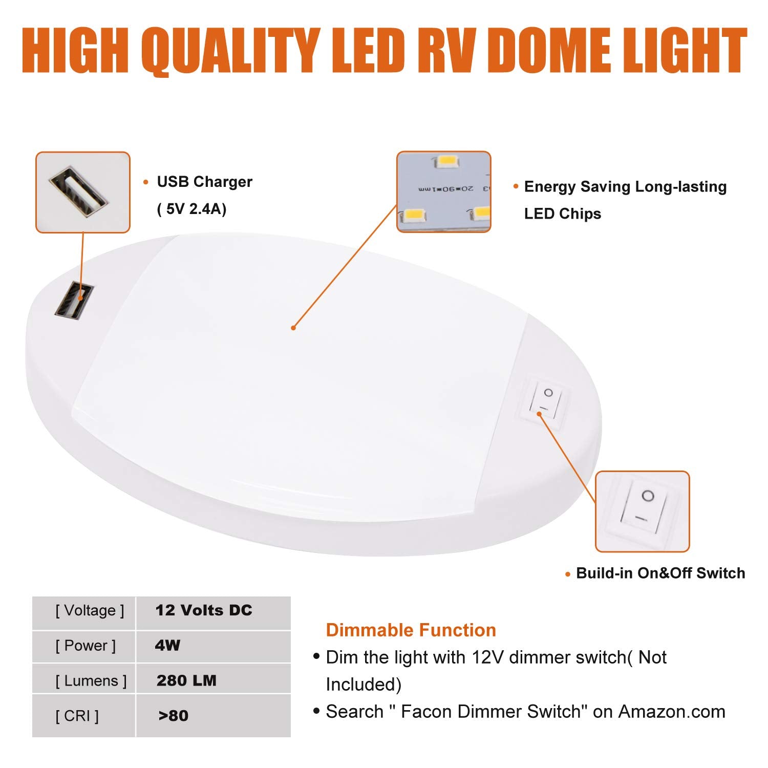 Facon LED Pancake Light with USB Charger, 12V Ceiling Dome Light, 3 Pack, White, Model DDS01-608USB