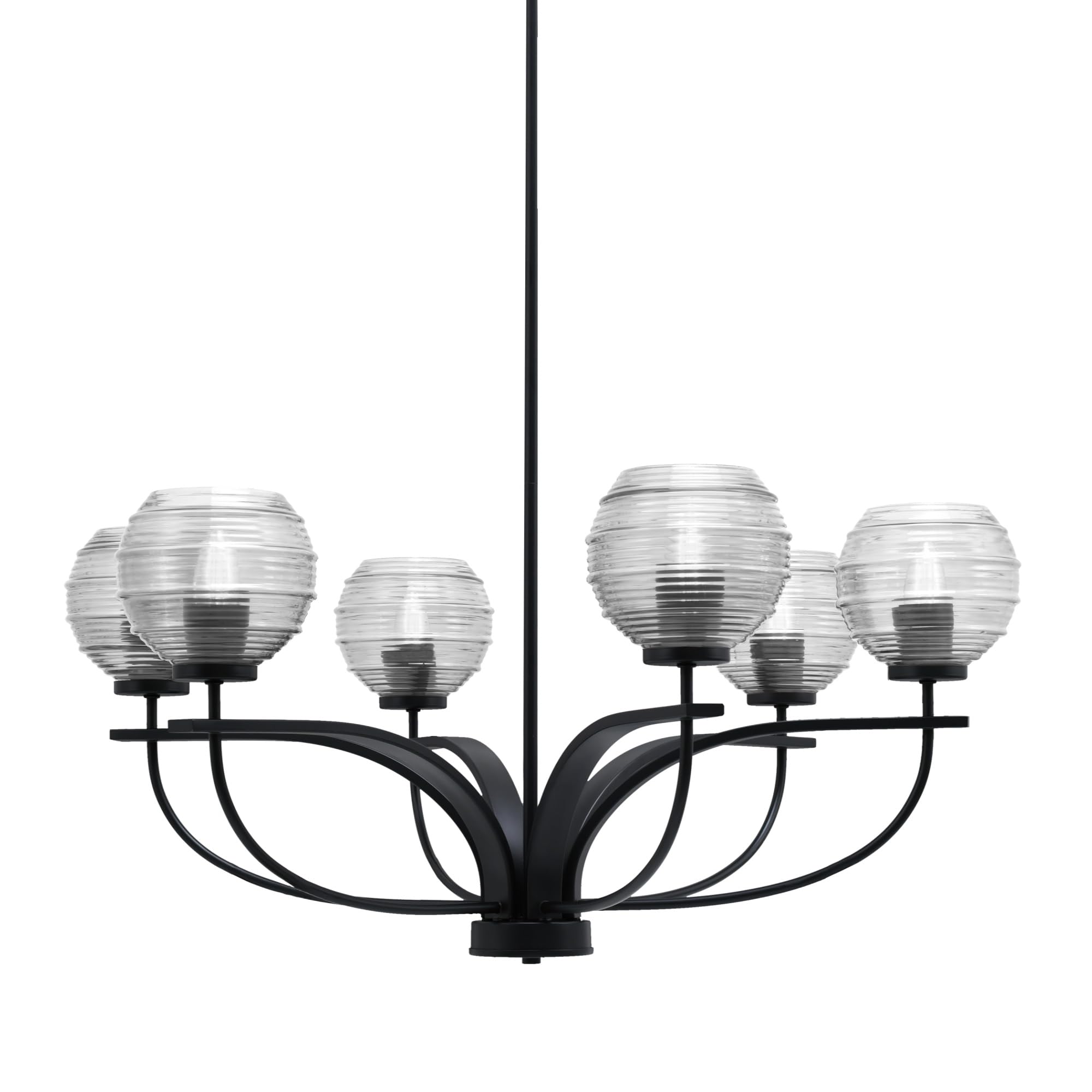 Toltec Lighting Cavella 6 Light Chandelier Shown in Matte Black Finish with 6&quot; Clear Ribbed Glass