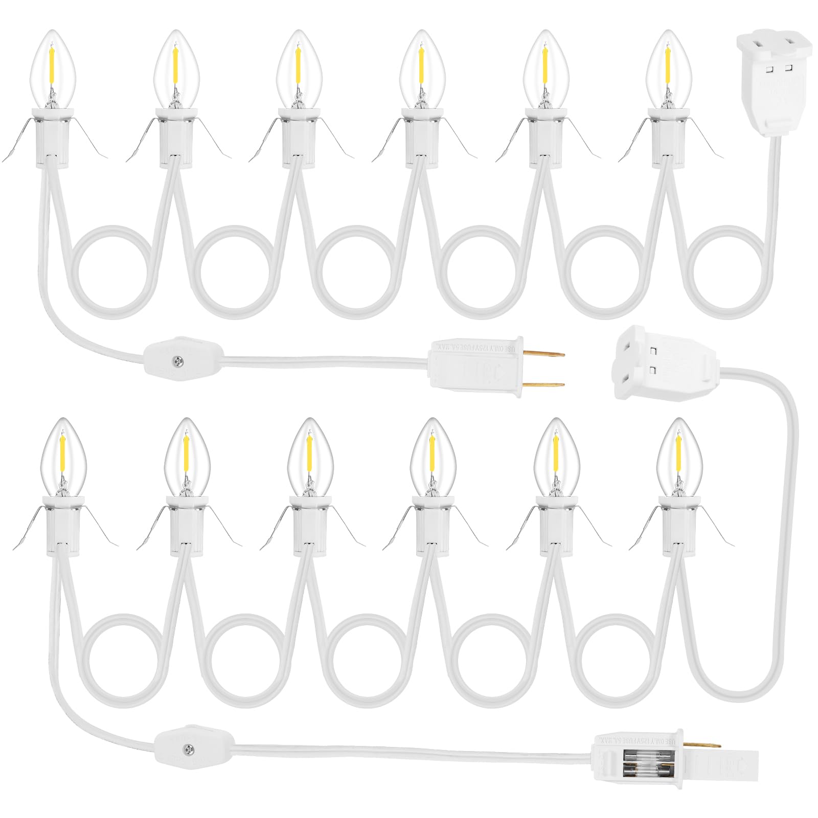 2Pack Accessory Cord with 12 LED Light Bulbs and Outlet Christmas Village Light 11.6FT White Cord with Spare Fuse Warm White C7 Lamp for Halloween Pumpkins Christmas Village Houses Craft Decoration