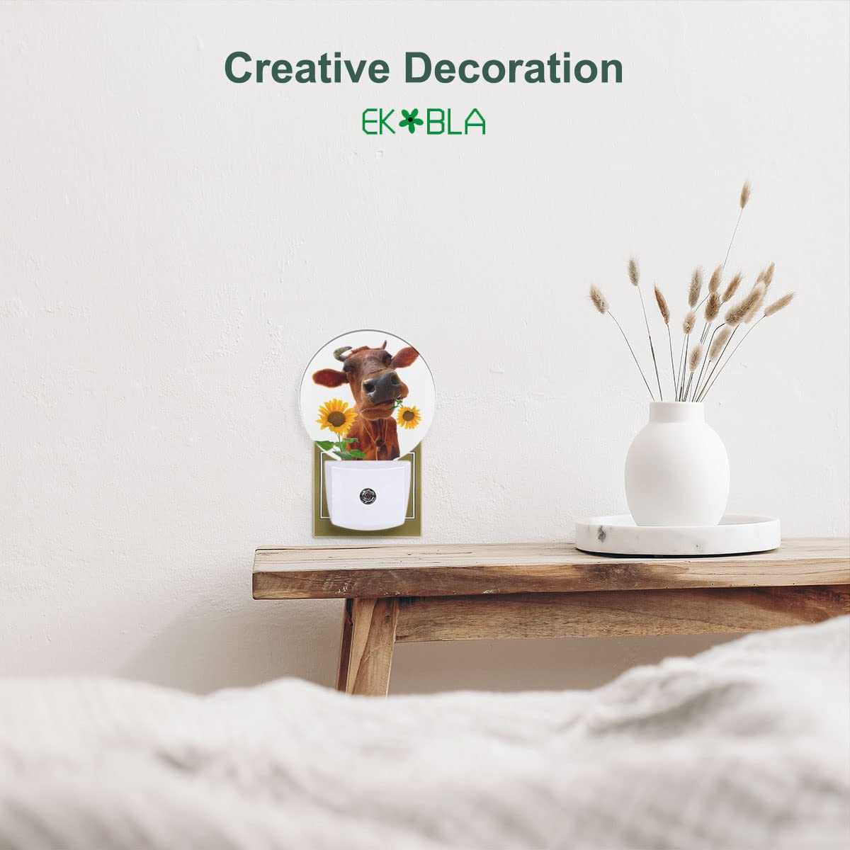 Ekobla Yellow Cattle Led Night Light Cute Farm Animal Cattle Bite Sunflower Dusk To Dawn Night Lamp Auto Sensor For Home Indoor