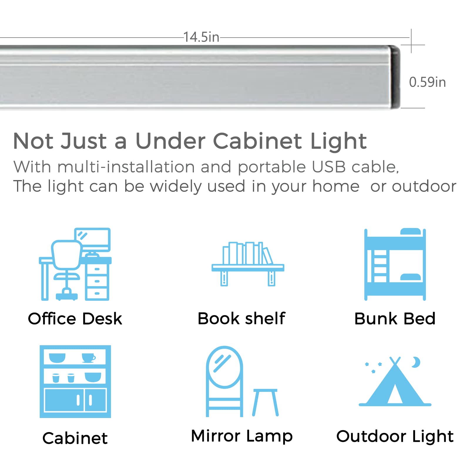 Asoko Led Under Cabinet Lighting, Dimmable 3 Color Temperature, 14.5 Inch, Metal, Usb Plug-In, Silver, 2 Pack