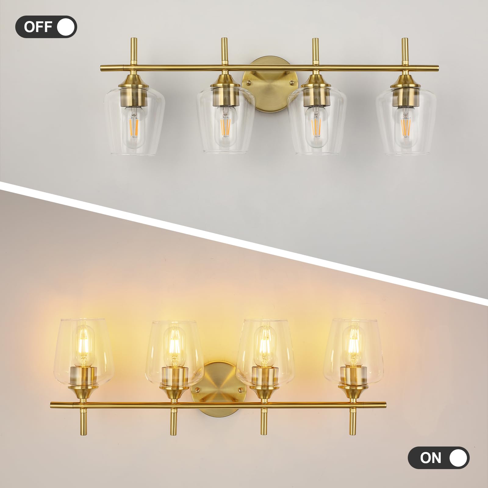 foucasal Bathroom Light Fixtures, 4-Light Gold Vanity Light with Clear Glass Shade, Modern Brushed Brass Design