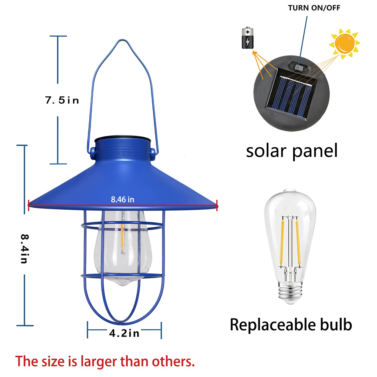 pearlstar Solar Lantern Outdoor Hanging Light - Metal, Warm White Edison Bulb, Blue, Model HIA049-Blue for Garden, Yard, Patio Decor