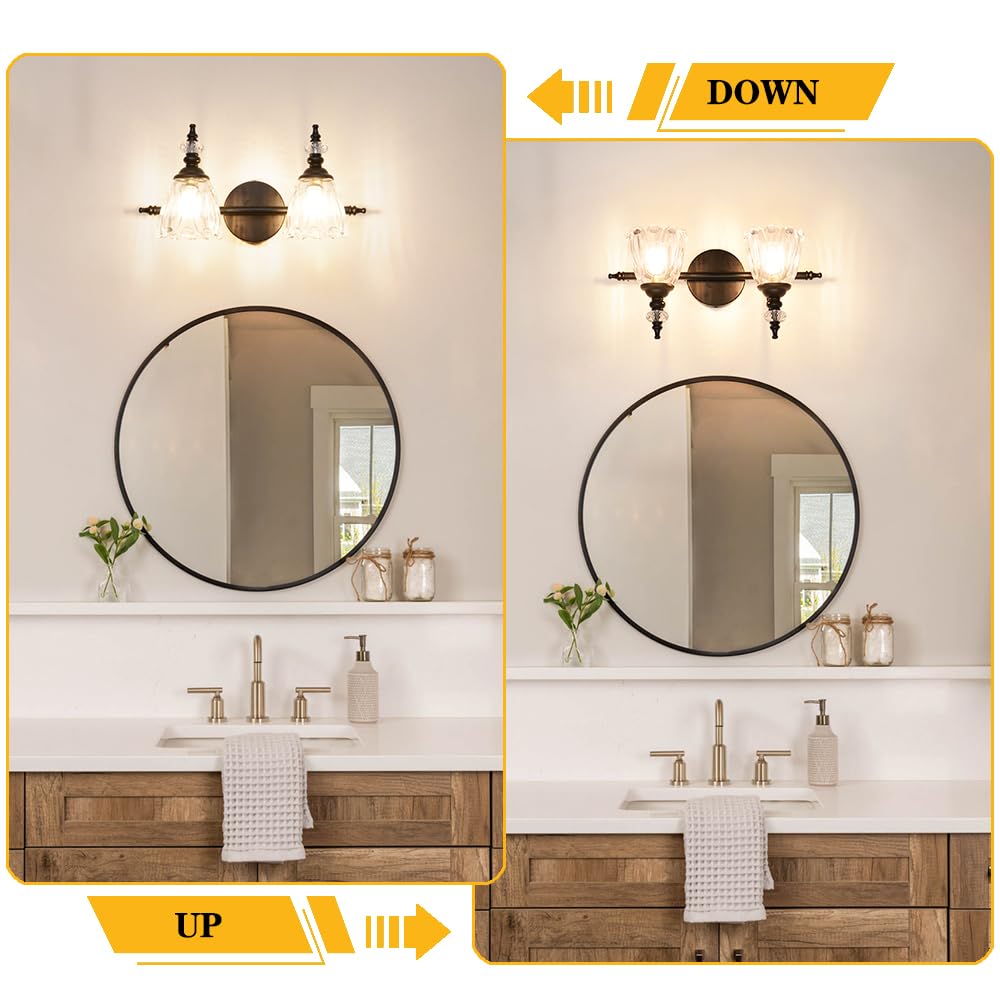 Ditoon Matte Black Vanity Light - 2 Light Glass Shade Wall Sconce - Farmhouse Bathroom Lighting - Model DX230004V