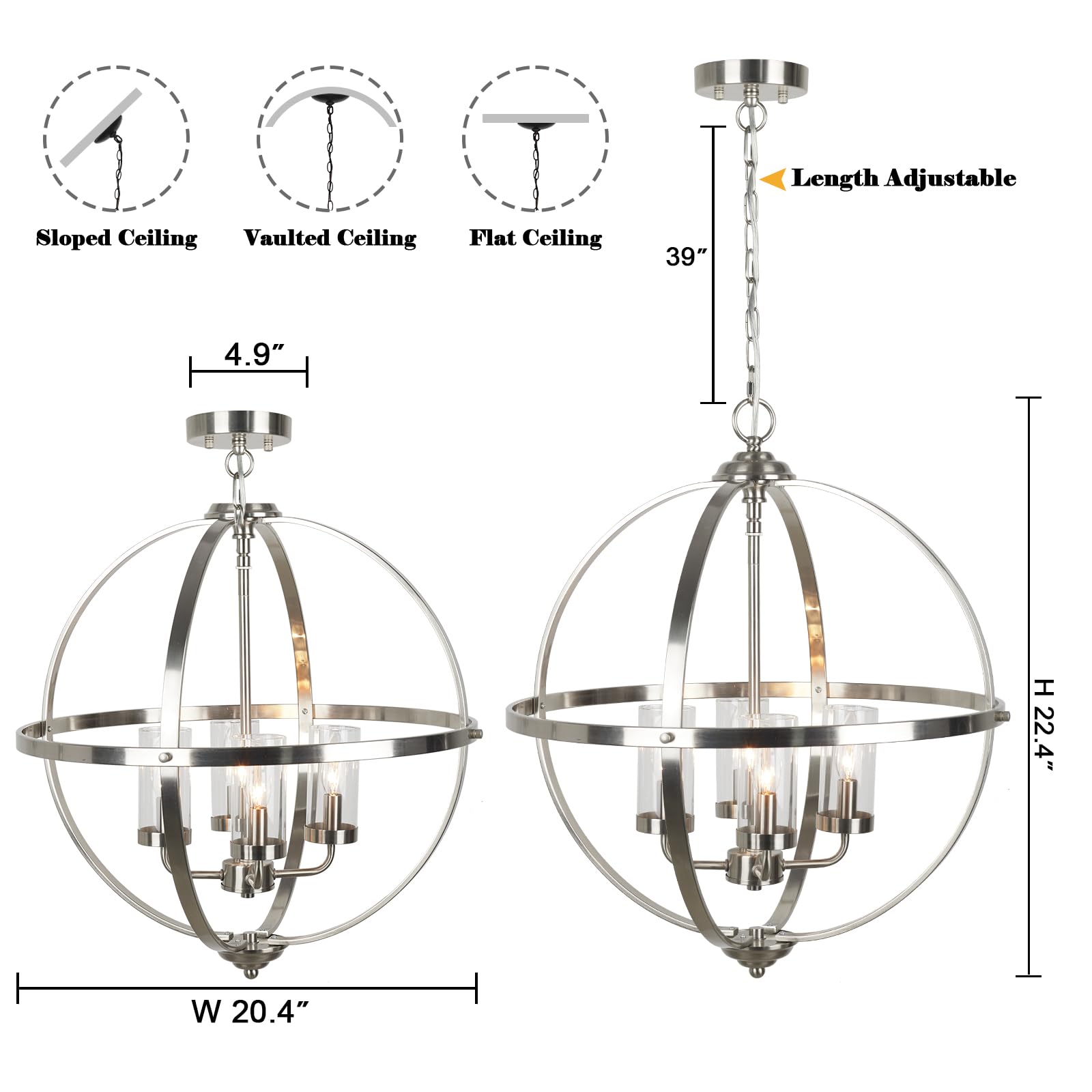 Treekee 20'' 4-Light Globe Chandelier, Brushed Nickel Modern Pendant Light for Dining Room, Entryway, Living Room