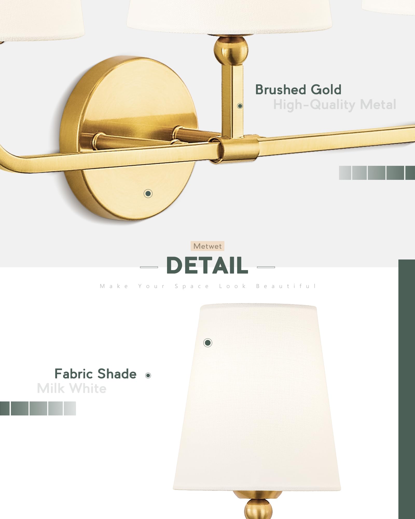 METWET 2-Light Bathroom Vanity Light, Brushed Gold Metal Sconce with White Shade, Modern Design, Model VL837-BG