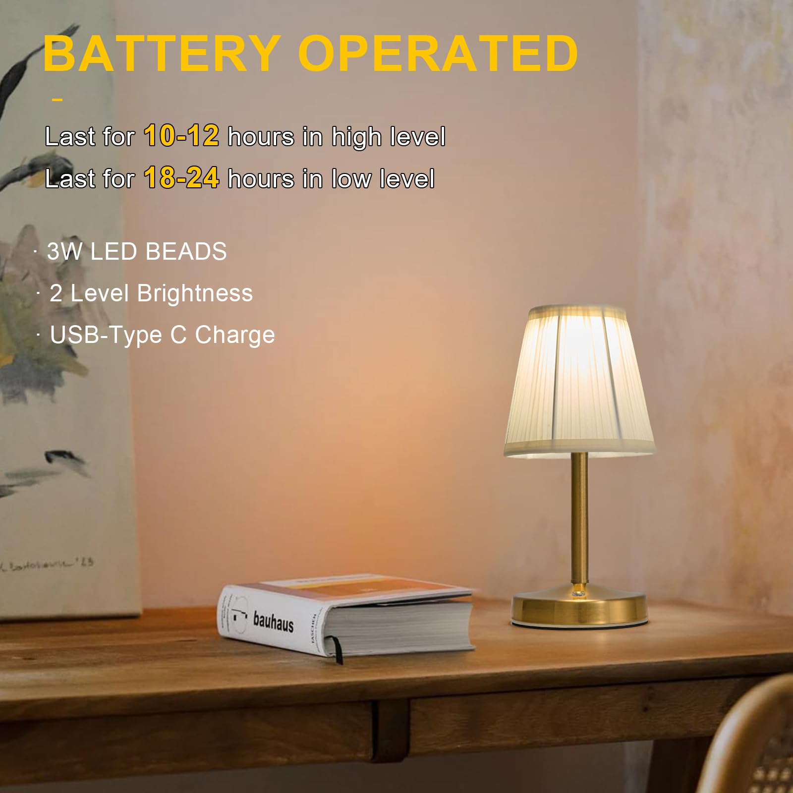 Eypid 3W Led Small Rechargeable Lamp,2000Mah Battery Operated Lamps,Vintage Brass Mini Lamps,2 Level Brightness Small Gold Cordl
