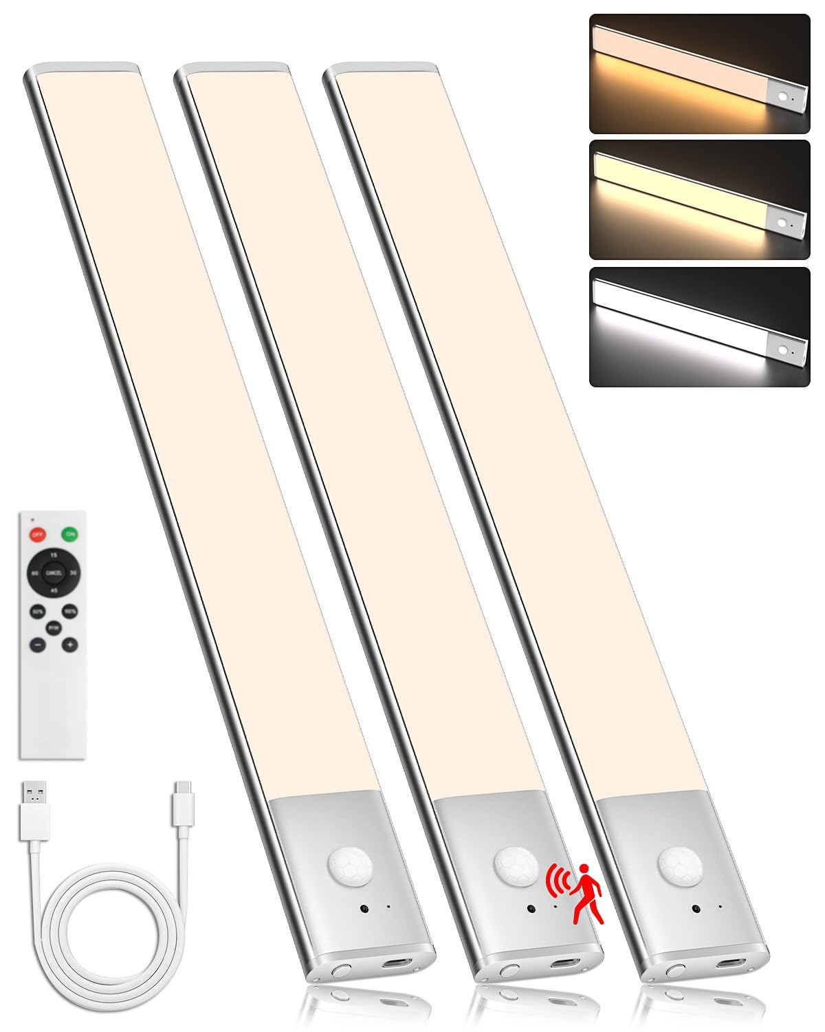 LAJOSO Under Cabinet Lighting Wireless Motion Sensor Light Indoor  12 Rechargeable Kitchen Bar Lights  300LM Ultra-Bright Cabinet Lights with Remote  2500mAH  USB-C  3 Colors  3 Packs