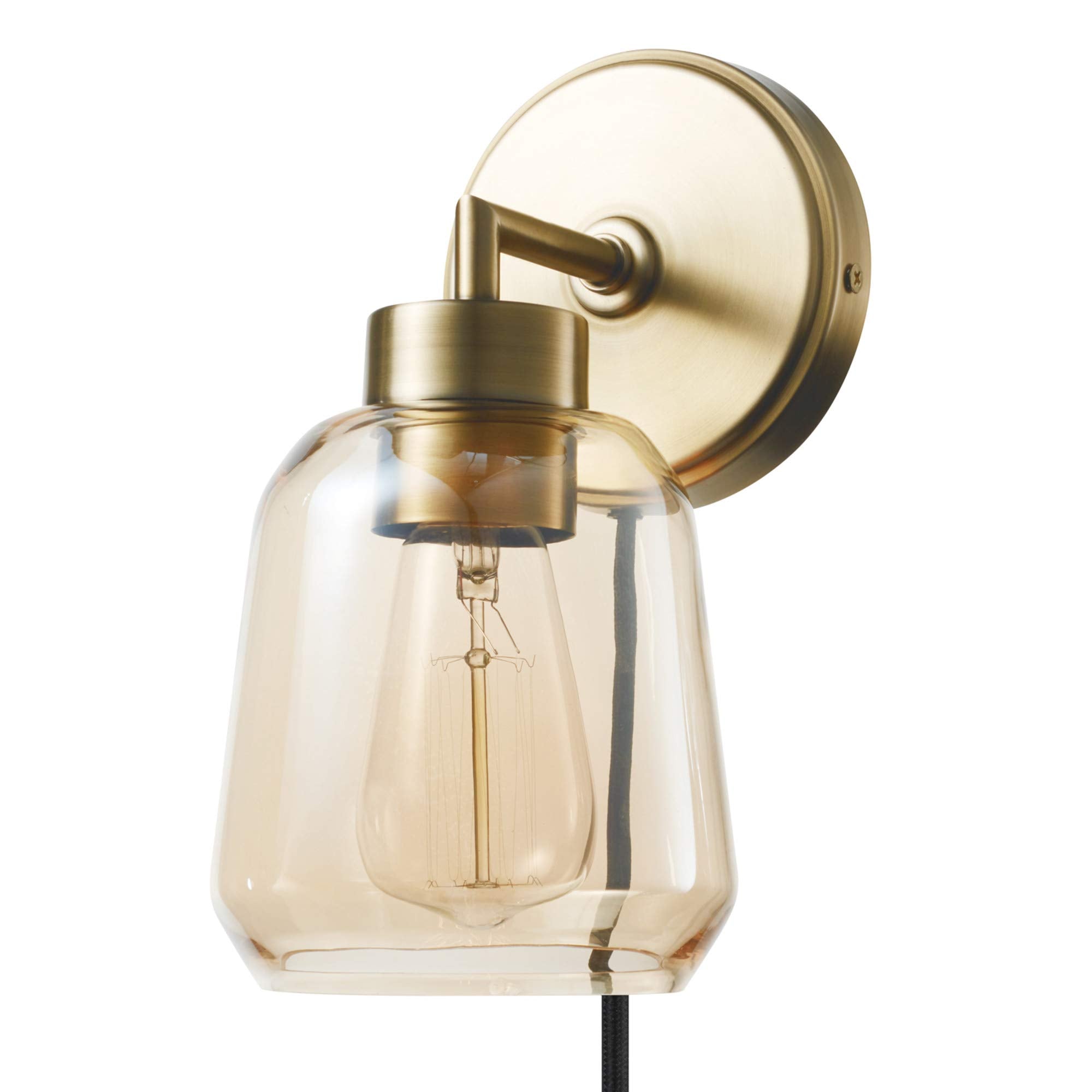 Globe Electric 51715 1-Light Plug-in or Hardwire Wall Sconce, Matte Brass, Smoked Amber Glass Shade, Black Fabric Cord, in-Line 