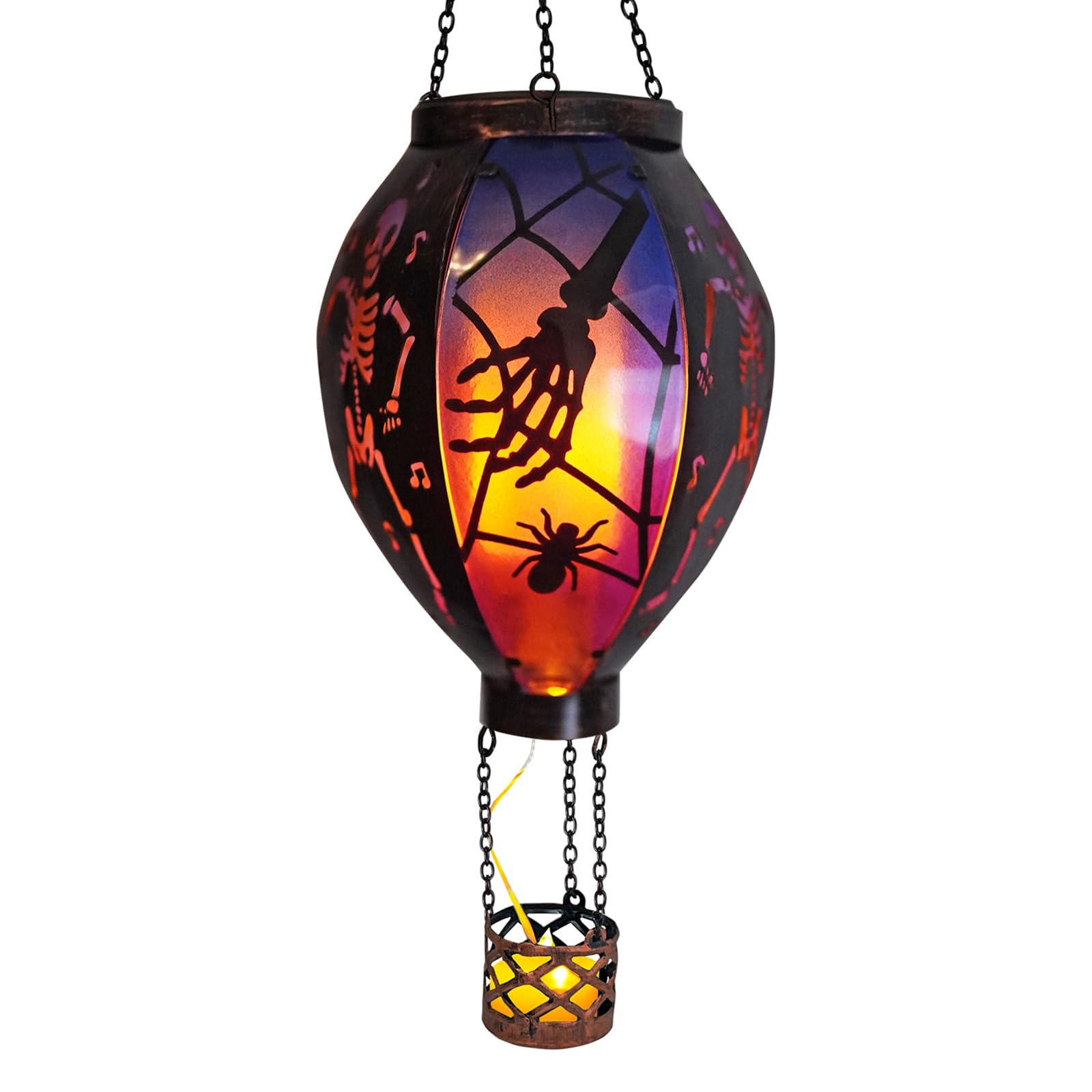 Halloween Outdoor Decorations Hot Air Balloon Solar Lantern with Flickering Flame, Hanging Outdoor Lanterns with Skull Pattern H