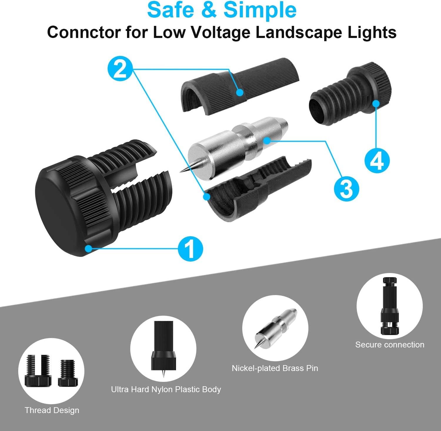 Fntek Low Voltage Landscape Light Wire Connectors, 14-20 Gauge, 100 Pack, Black, Model FT-LS00, Plastic