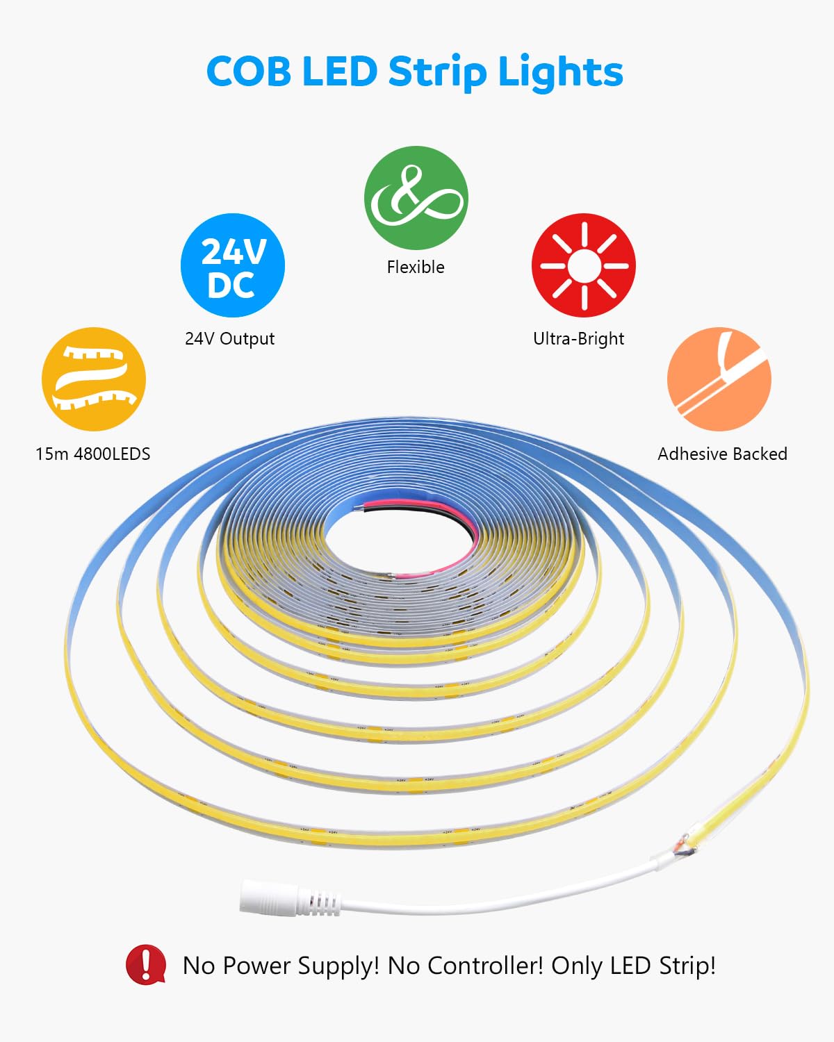 Aclorol 50Ft Cob Led Rope Light 6000K 24V Flexible Cob Led Strip Light Cool White Super Bright For Bedroom Tv Party Home Indoor