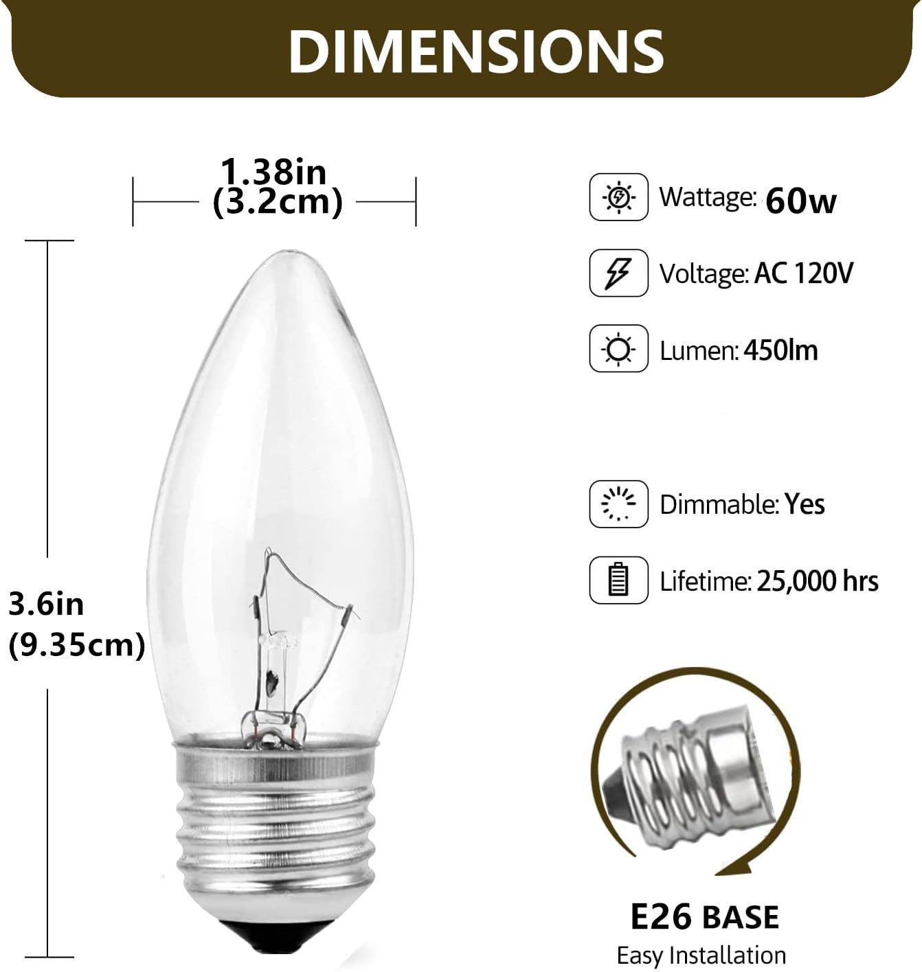 DXMKOP 60W Incandescent Chandelier Bulbs, B11 Torpedo Tip, Clear Glass, Dimmable, E26 Base, 6-Pack