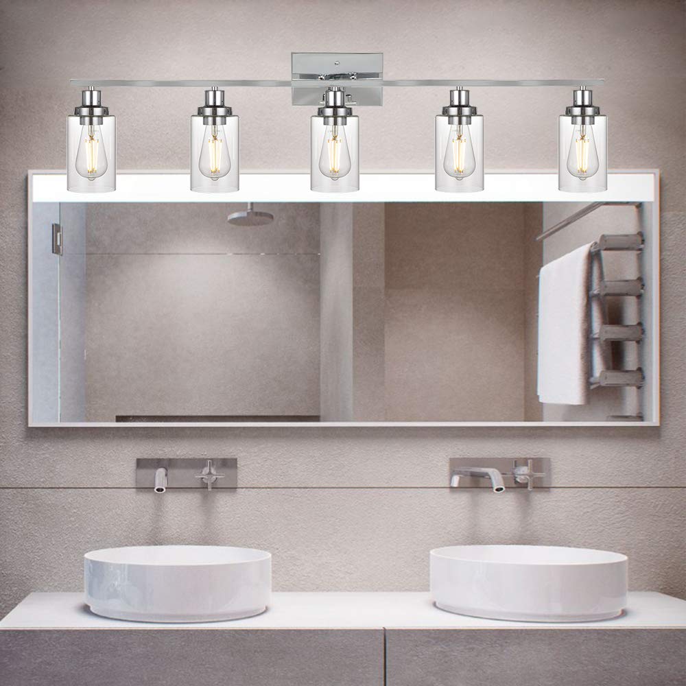 MELUCEE Modern Vanity Lights for Bathroom 5 Lights Chrome Finish with Clear Glass Shade, Contemporary Metal Wall Light Fixtures