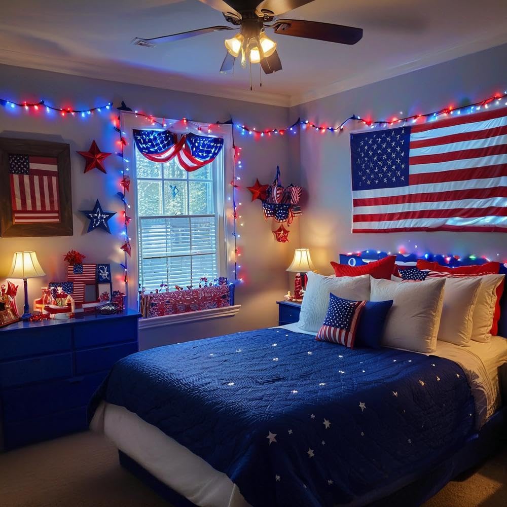 YIQU 200 LED String Lights - Red White Blue, 75.8 FT, Waterproof, Extendable, Indoor Outdoor, Model JT-EL/FC300V0200-C