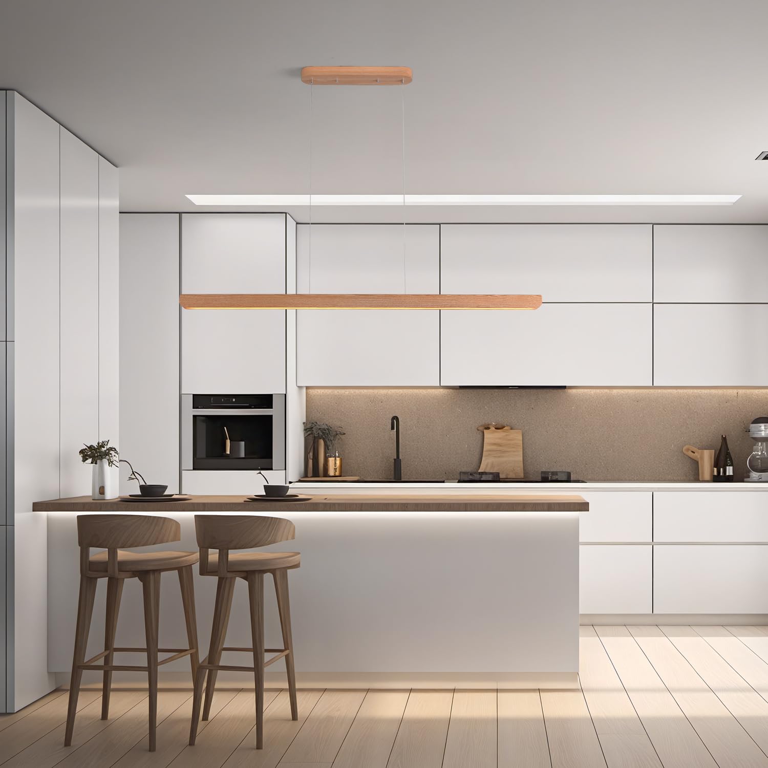 Yisdesign 47Inch Wood Led Linear Pendant Light  Dimmable Wood Ceiling Lamp Minimalist Linear Chandelier  36W Warm Light 3000K  Modern Kitchen Island Dining Room Lighting Natural Adjustable Height