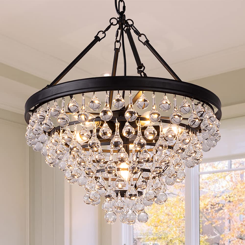 Wellmet Modern Crystal Chandeliers, 6 Lights Black Chandeliers for Dining Room, Farmhouse Ceiling Light Fixture for Foyer, Bedro