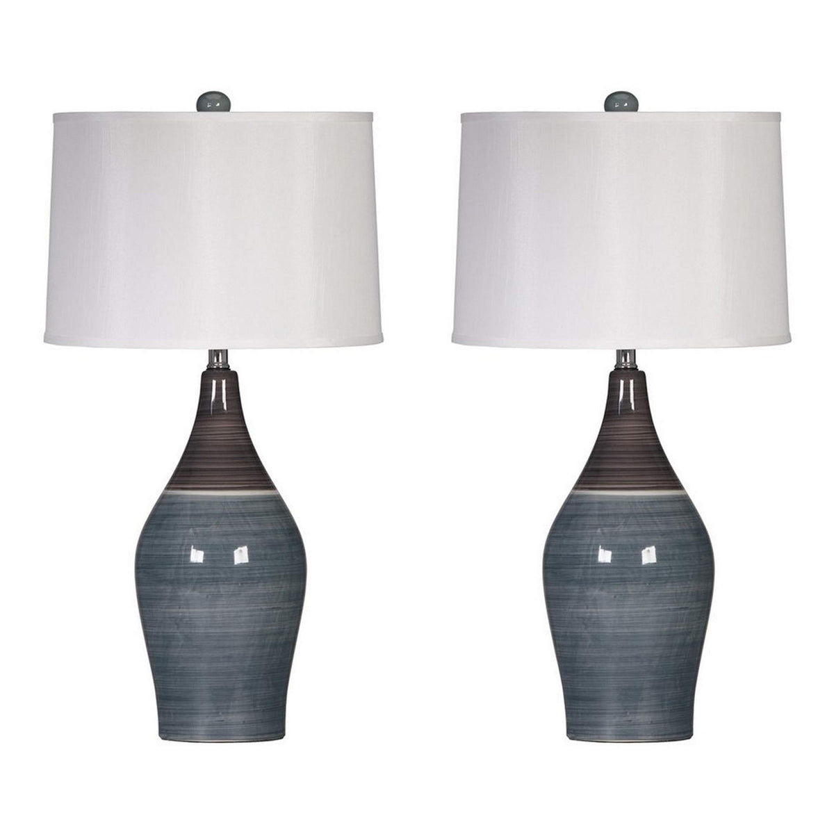 Benjara BM227189 Pot Bellied Ceramic Table Lamp with Brushed Details Gray & White - Set of 2