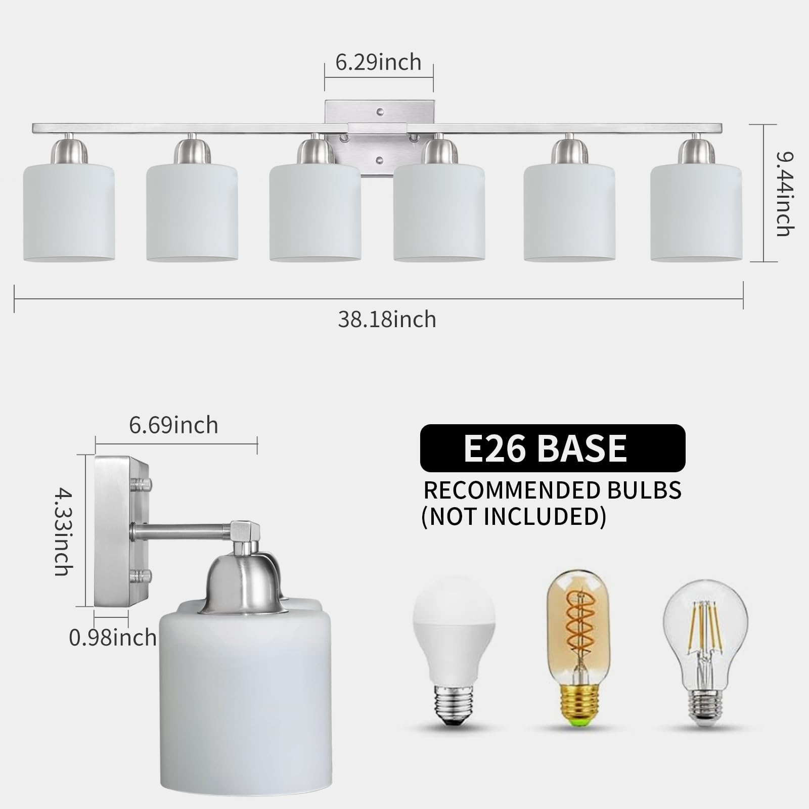 FAISHILAN Brushed Nickel Vanity Light 6-Light Bathroom Fixture with Frosted Glass Shades, 38 Inch, E26 Socket, Model FSL-212--NBN-6