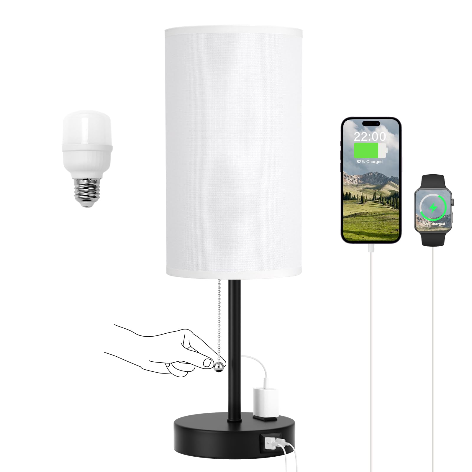 17.4Inches White Bedside Lamp For Bedroom Nightstand - Tall Lamp With Usb A + C Charging Port & Ac Outlet, 3 Color Temperatures 