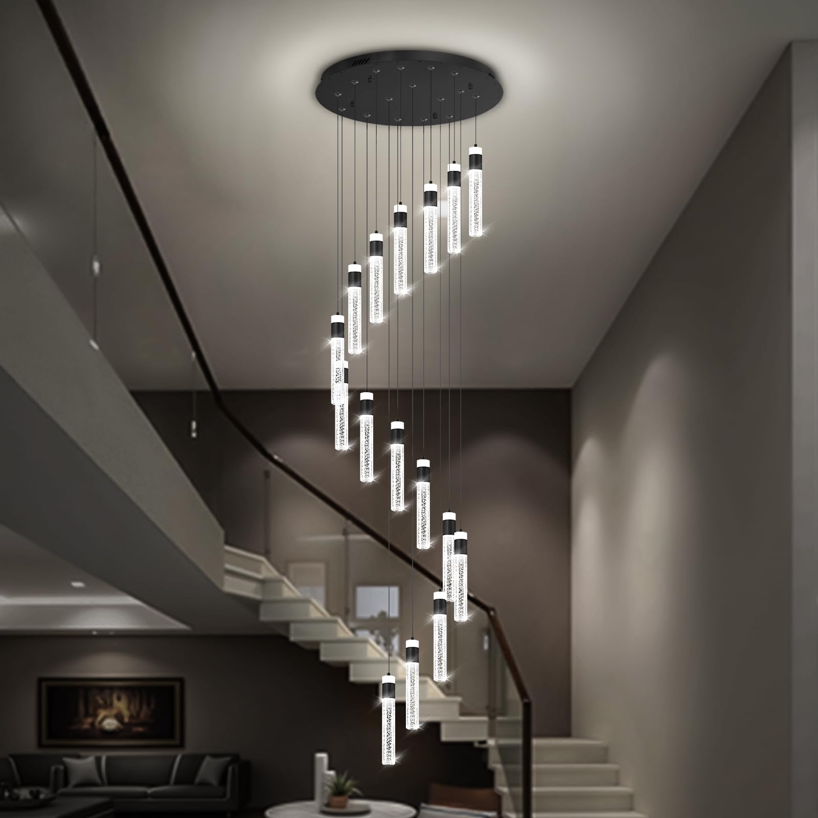 IDEQUY 16-Light Black Crystal Chandelier for Foyer Entrance Loft 118'' Long Spiral Stair Bubble Crystal Chandelier for High Ceil