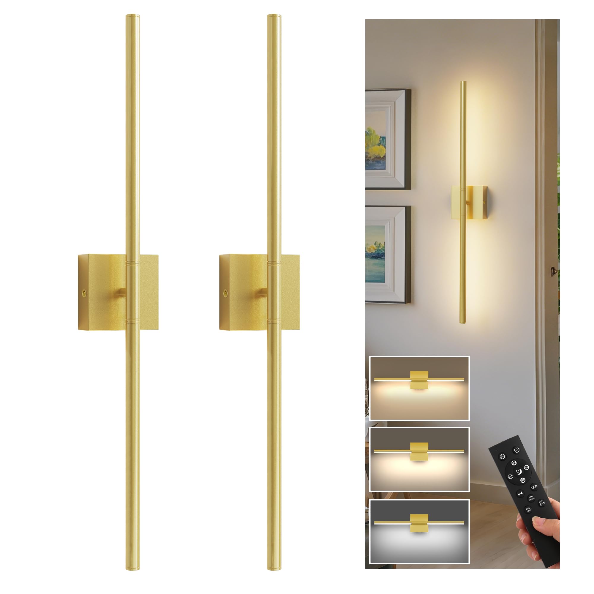 L LOHAS LED Battery Operated Wall Sconces Set of 2  Battery Wall Sconce 10000mAh  Gold Rechargeable Sconces 3CCT  28.1 Inch Wireless Wall Lights  Sconce Wall Decor for Bedroom  Living Room