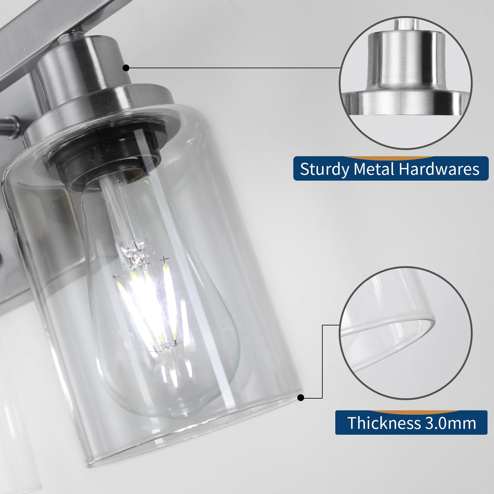 DIKAIDA 3-Light Bathroom Vanity Light Fixture, Nickel Metal with Clear Glass Shades, Model NS-3