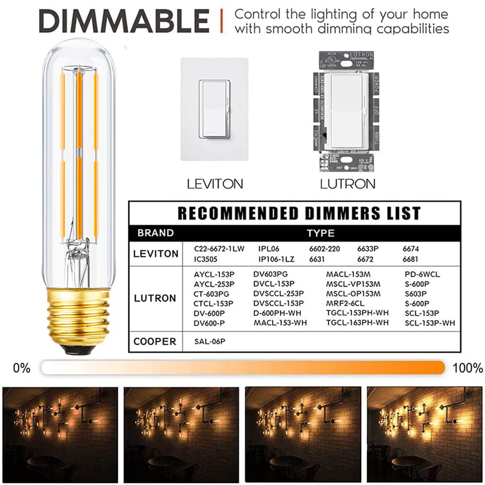 Leools Vintage Led Edison Bulbs 6W, Equivalent 60W, Warm White 2700K, 600Lm, E26 Base, Dimmable, Tubular T10 Led Antique Filamen