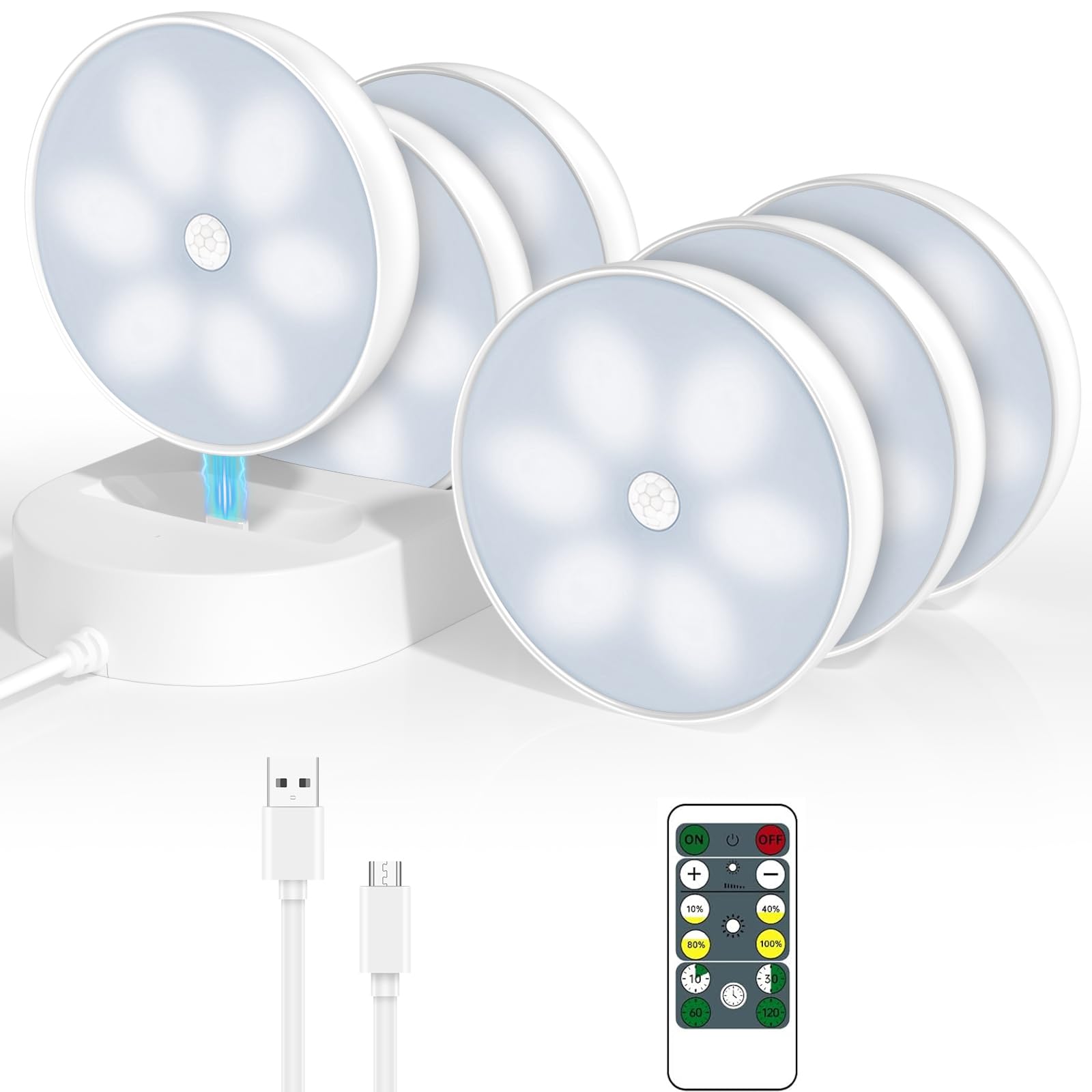 LED Closet Lights Motion Sensor Puck Light with Charge Station  Rechargeable Step Puck Lights Dimmable Under Cabinet Indoor Lighting Magnet Stick-on Light for Counter Kitchen Wardrobe(6 Pack)