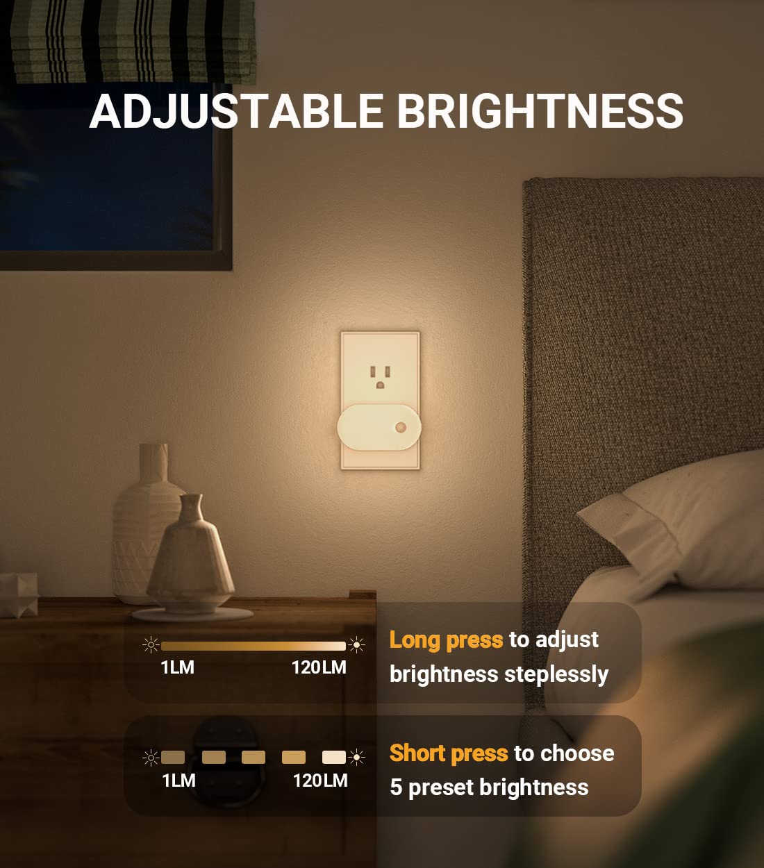 Lyridz Plug-In Night Light With Motion Sensor, 1-120 Lm Stepless Adjustable Brightness Led Nightlights For Bathroom, Bedroom, Ha
