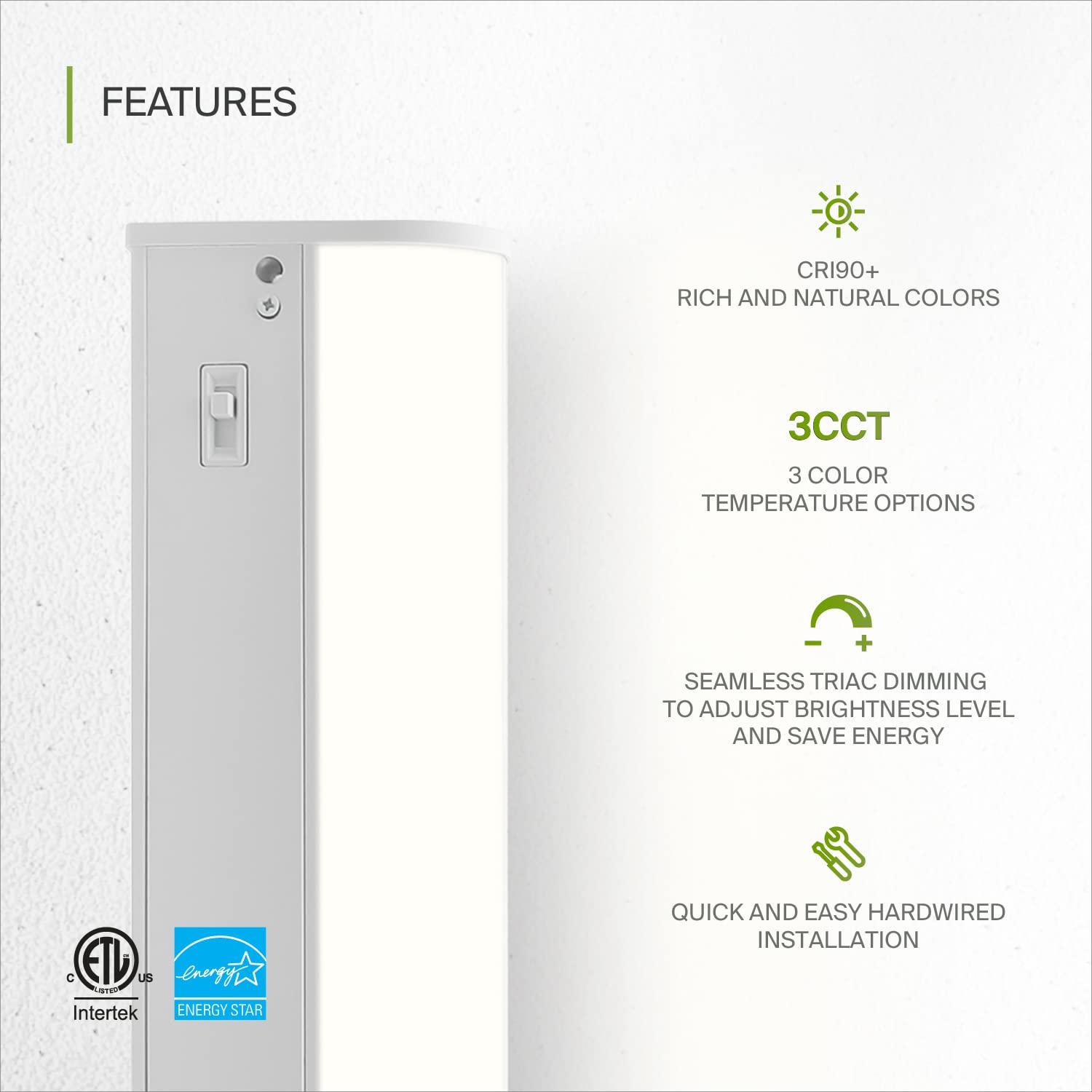 ASD LED Under Cabinet Lighting, 24 inch 12W 822 LM, Dimmable Hardwired Under Cabinet Lights for Kitchen, 3000K/4000K/5000K, Unde