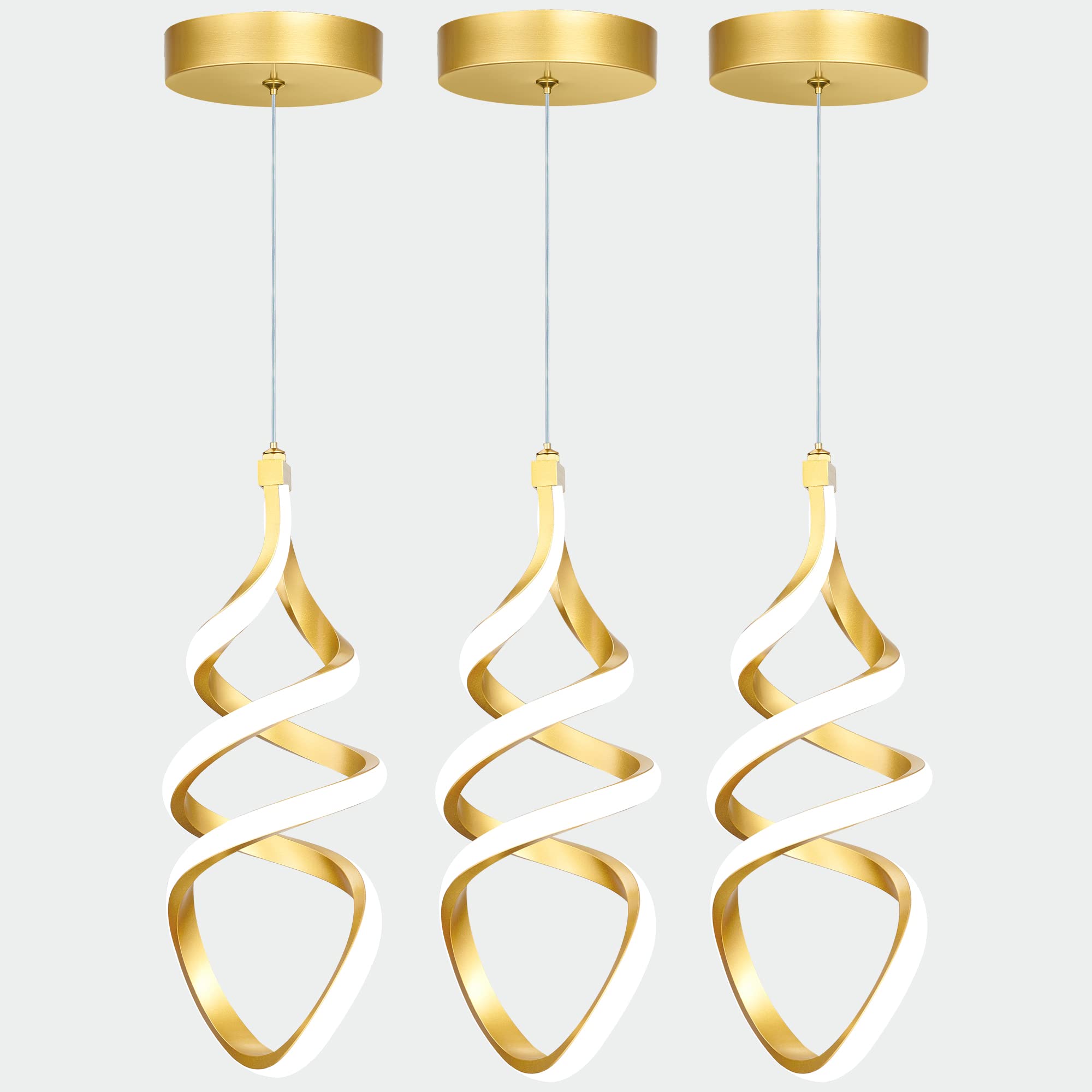 Pendant Lights 3 Pack Brushed Gold Pendant Lighting for Kitchen Island LED Pendant Lights 3 Color Temperature Modern Pendant Light Fixtures Gold Brass Pendant Lighting Dimmable Spiral Ceiling Light