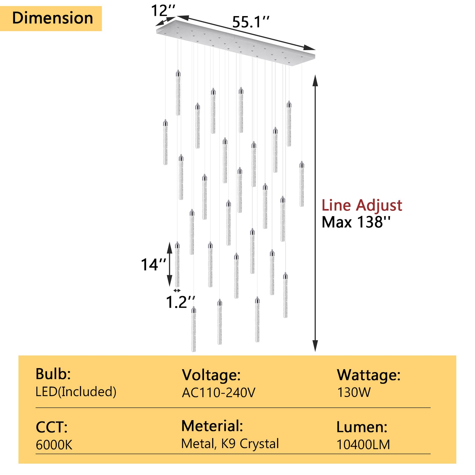 Dolria Rectangular 26-Light LED Dimmable Chandelier Fixture, Silver Metal for Entryway, Living Room, Foyer, Hallway, Model PC0008-CT-26Y