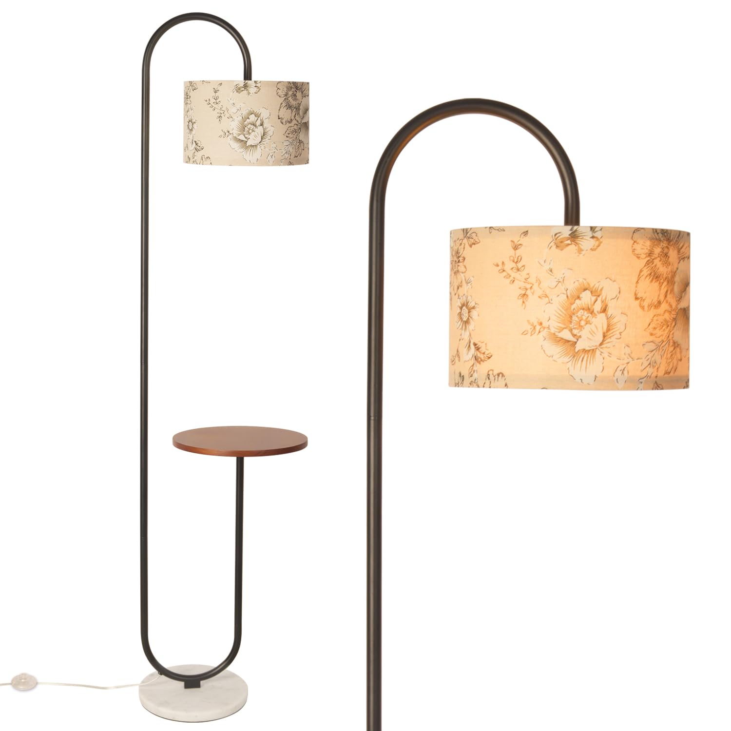 Hsyile Arc Floor Lamp with Hanging Drum Shade for Living Room-Marble Base Modern Tall Stand Up Light with Table, Contemporary Ov